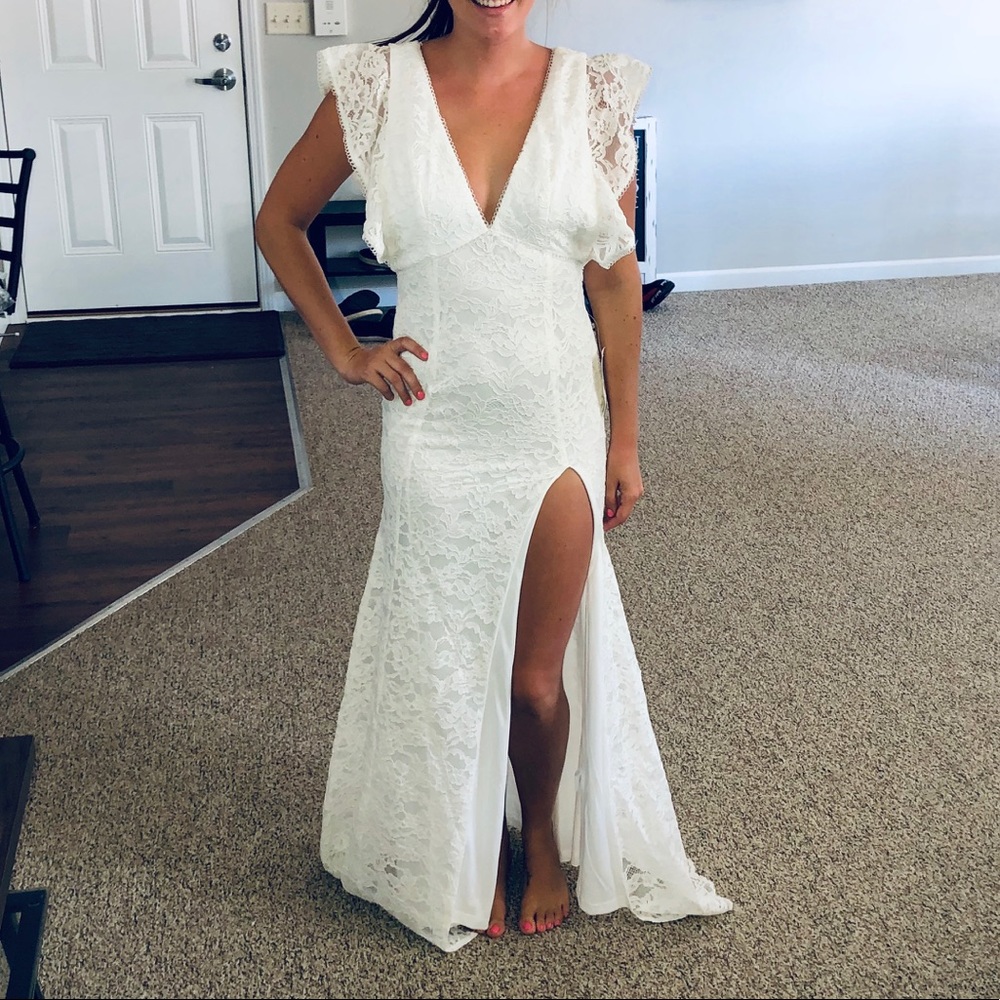 Long white dress with high slit!